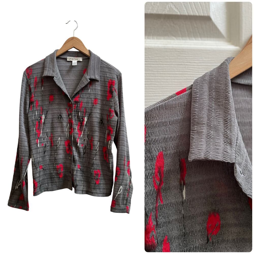 Vintage Rafael Textured Floral Abstract Print Collared Button Down Blouse Large